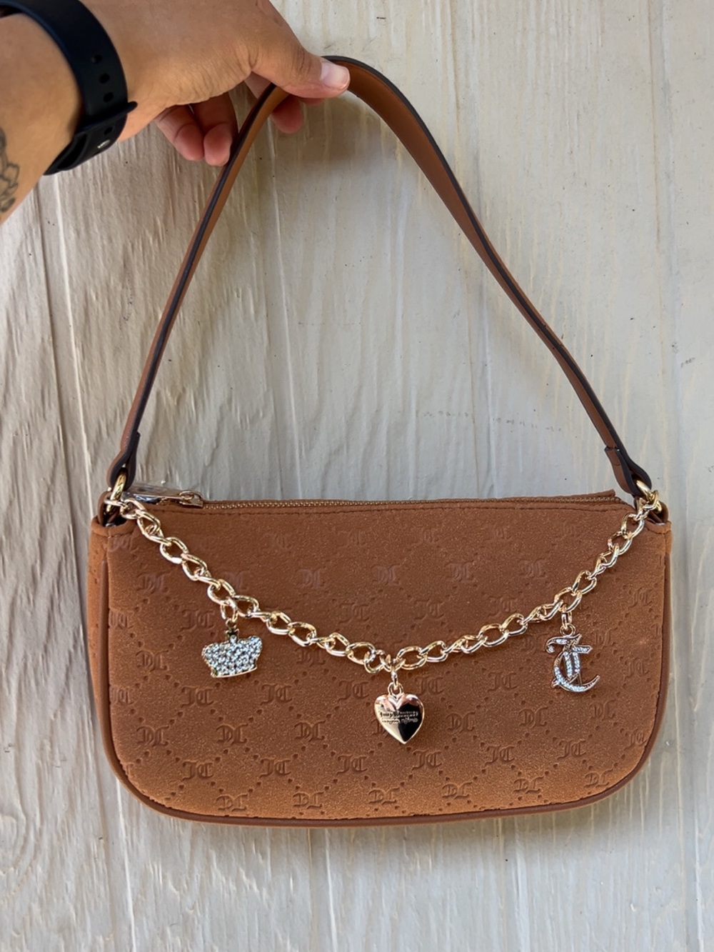 Juicy Couture Tan Brown Shoulder Bag with Gold Charm Chain